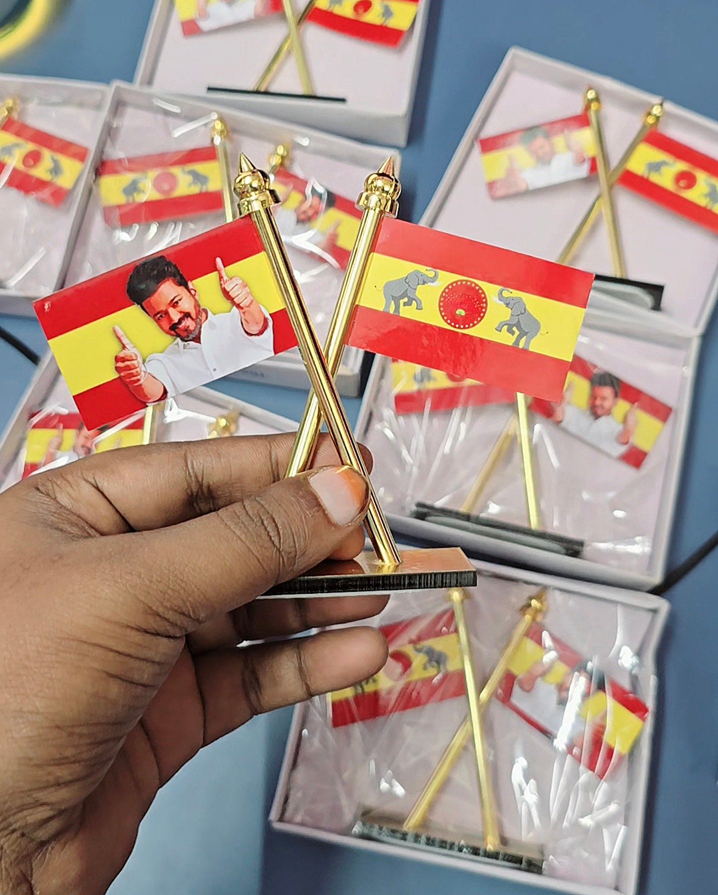 VIJAY TVK FLAG Car Dashboard full brass flag Double Sided Wind Car Dashboard Auto Office Flag