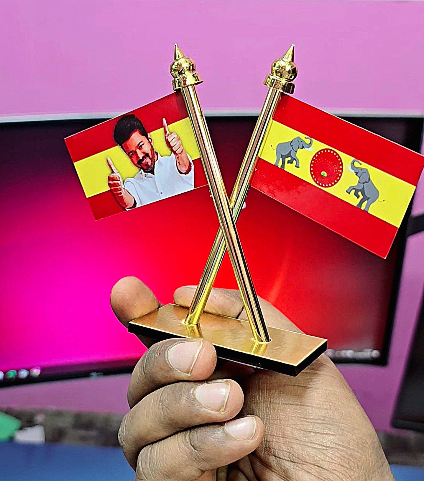 VIJAY TVK FLAG Car Dashboard full brass flag Double Sided Wind Car Dashboard Auto Office Flag